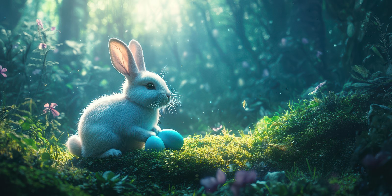 Cute white rabbit with blue eggs in a serene forest setting during a sunny day